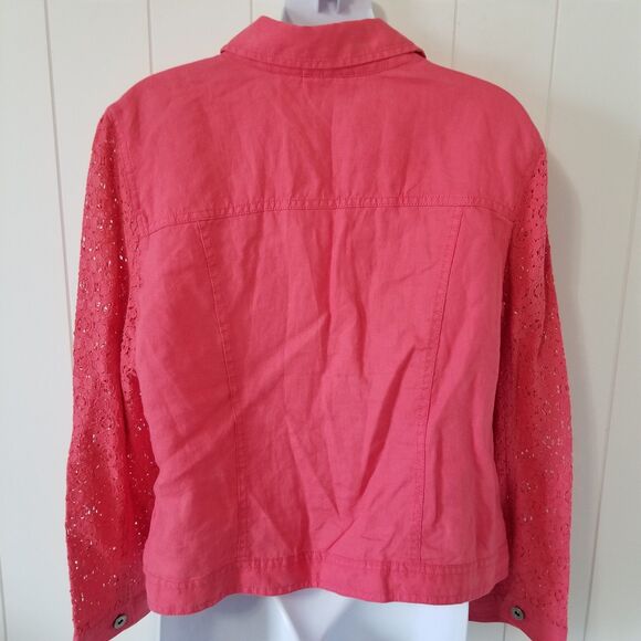 Chico's Jacket Size 2 US Medium Petite Button Up Lace Sleeve Linen - Picture 5 of 9